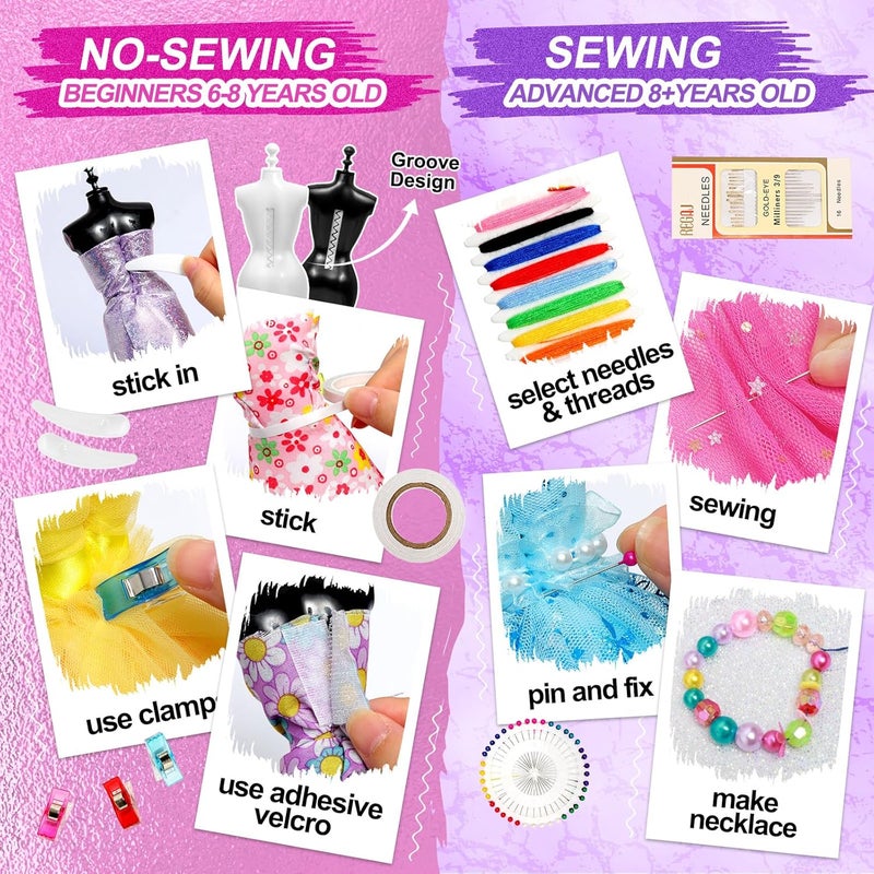 Sunrad 1500+ PCS Fashion Designer Kits for Girls with 6 Mannequins, DIY Arts & Crafts Sewing Kit for Kids Doll Clothes Making Toys, Birthday Gifts for Girls Age 6 7 8 9 10 11 12+ - Image 4